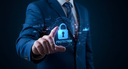 Business man touching digital padlock for protection and data security on futuristic interface