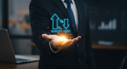 Business Man Holding Upward Arrow Symbolizing Quality Increase and Downward Arrow Symbolizing Cost Reduction