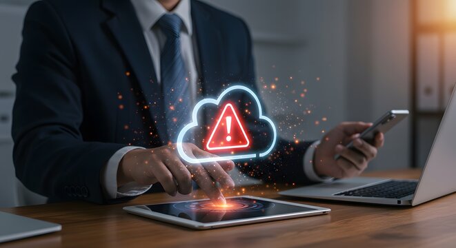 Business Man Using Tablet with Cloud Computing Warning Icon