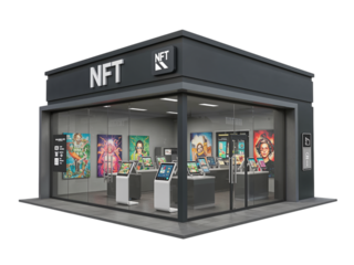 Modern nft gallery store showcasing digital art and collectibles with a sleek storefront design isolated on transparent background