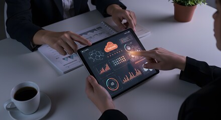 Business meeting with digital analytics on tablet and charts