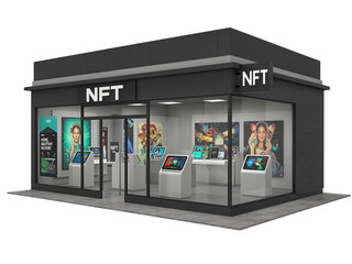 Modern nft gallery store with illuminated signage and digital displays showcasing artwork isolated on transparent background