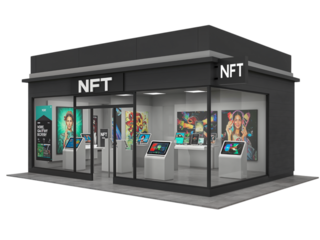 Modern nft gallery store with illuminated signage and digital displays showcasing artwork isolated on transparent background