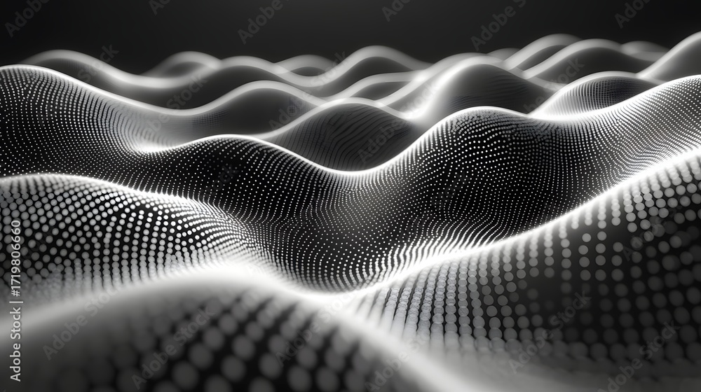 Fototapete monochromatic abstract landscape with undulating wave-like forms. digital mesh of dots creates depth