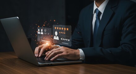 Business Person Analyzing Customer Feedback and Ratings on Laptop with Holographic Interface