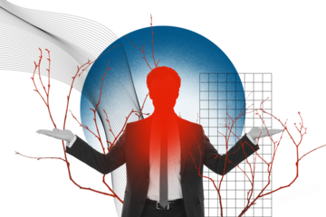 Creative collage photo young businessman incognito face two hands select decide choose side mental issues overwhelming work nervous system