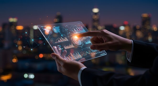 Business person analyzing financial data on a futuristic transparent tablet with city bokeh background - Powered by Adobe