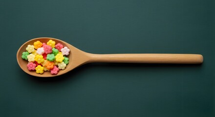 Title
Wooden Spoon with Colorful Star-shaped Candy on a Dark Background
