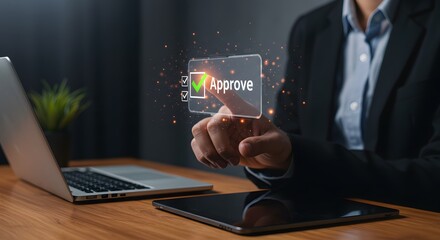 Business person approving a task on a digital interface with glowing particles