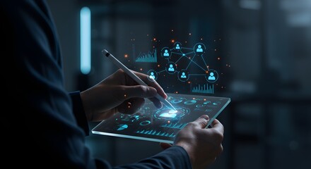 Business Person Using Futuristic Transparent Tablet with Data Analytics and Network Connections