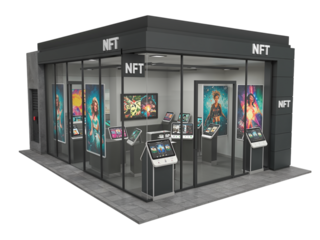 Modern nft gallery store showcasing digital art and crypto collectibles with illuminated displays isolated on transparent background