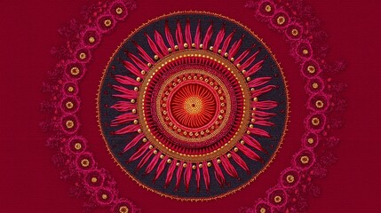 Fototapeta premium Embroidery textile with Golden mandala ornament on deep red background, Dussehra holiday celebration background