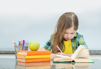 Smart young girl doing homework at home with books