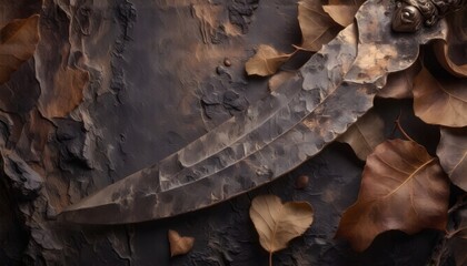 Rustic bronze themed rare blade with a heart shaped emblem symbolizing love and unity, positioned on the right with ample copy space on the left for.