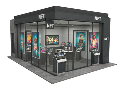 Modern nft gallery store showcasing digital art and crypto collectibles with illuminated displays isolated on transparent background