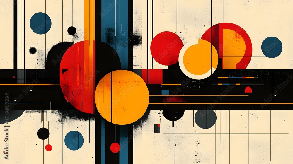 Poster dynamic abstract art featuring bold circles and stripes on a textured backdrop. a modern retro desig