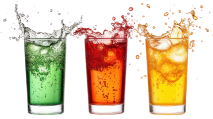 Three colorful refreshing drinks with splashes isolated on transparent background