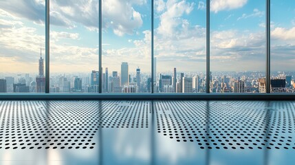 Expansive city skyline view through large glass windows at sunset with modern architecture in focus