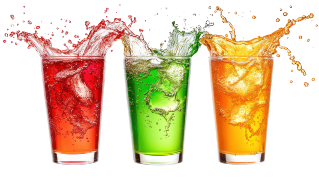 Three colorful refreshing drinks splashing in tall glasses isolated on transparent background