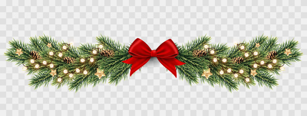 Christmas wreath with red balls, cones, stars and bow, isolated