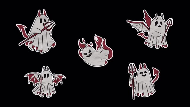 Unfolded paper sticker of a set of Halloween devil ghosts with tridents and a fun design. Alpha transparency