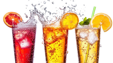 Three refreshing cocktails with fruit garnishes splashing isolated on transparent background