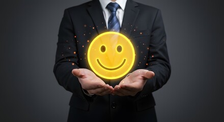 Business Professional Holding Glowing Happy Face Icon