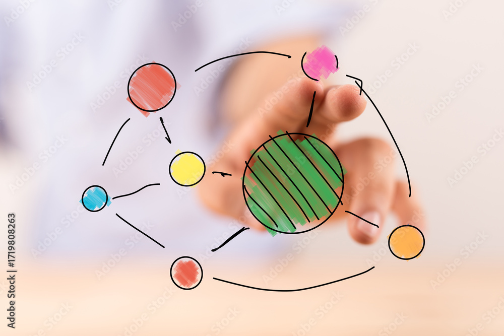 Poster abstract image of hand interacting with a colorful network diagram, ideal for business, technology, 