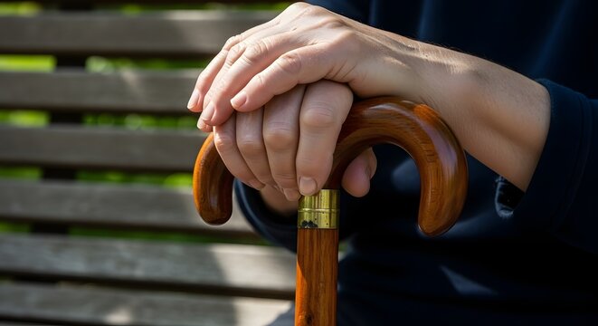 Elderly person's hands resting on a wooden walking stick, seated on a park bench. - Powered by Adobe