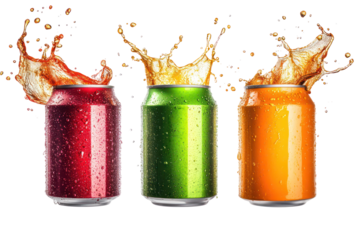 Three colorful soda cans with liquid splashing out isolated on transparent background