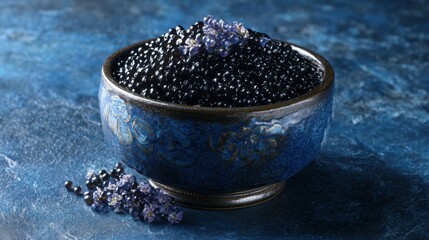 black caviar in blue bowl flowers