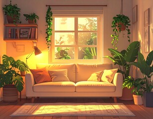 Small Cozy Living Room with Colorful Cushions and Indoor Plants