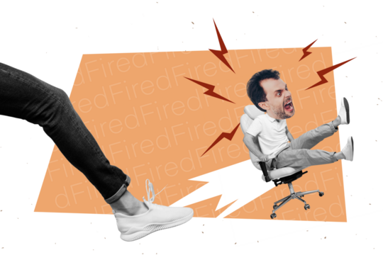Artwork magazine collage picture of leg beating away firing depressed guy isolated drawing background