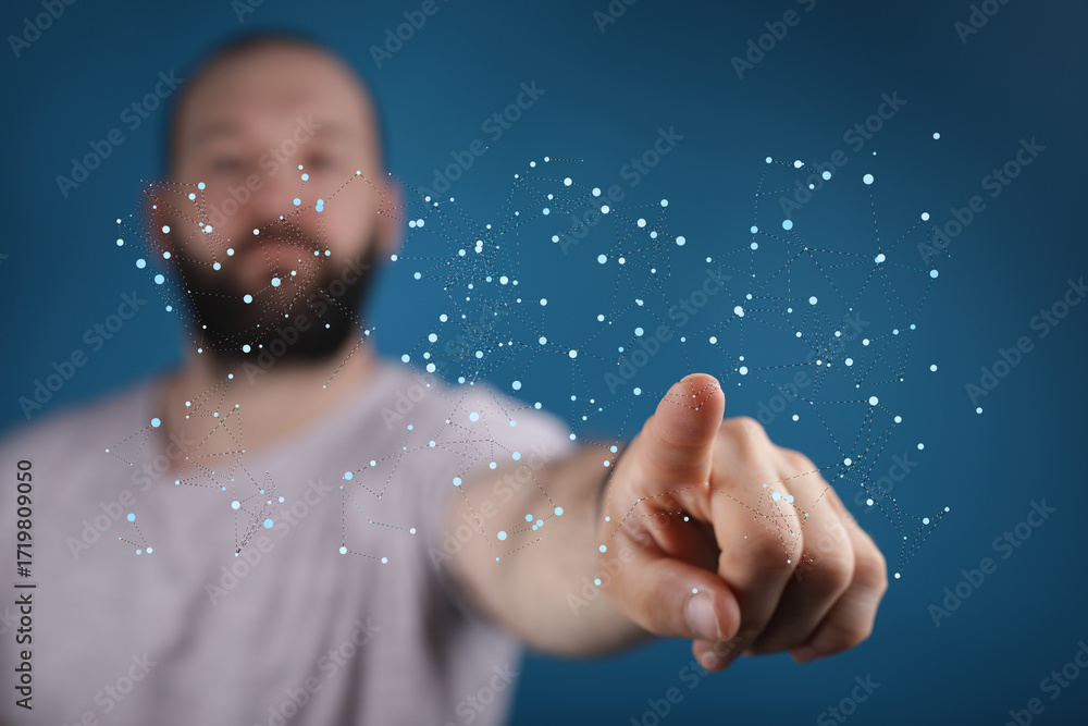 Poster high-quality image of a man interacting with a digital network, perfect for technology, connection, 