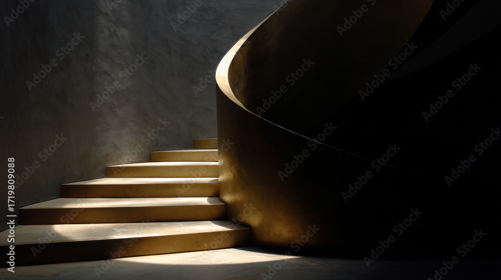 Poster beautifully designed spiral staircase with smooth, golden steps illuminated by soft light, creating 