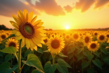 Sunset bathes swaying sunflowers in golden light, vibrant field , golden, plants, summer