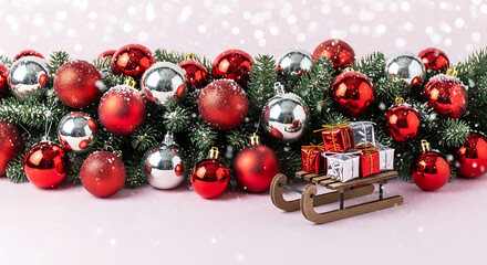 Red and silver Christmas ornaments on pine branch with gifts