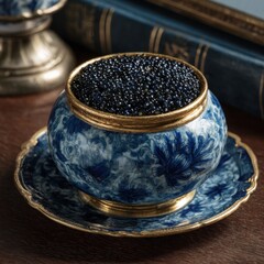 black caviar in antique blue bowl