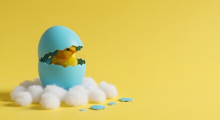 Cute Yellow Chick Hatching from a Blue Easter Egg
