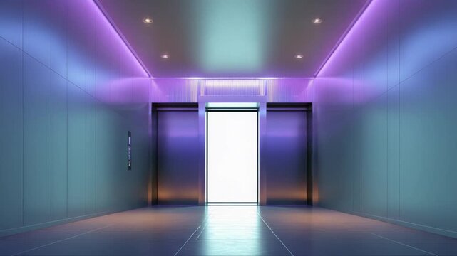 Metallic elevator doors opening in a futuristic hallway with purple and cyan neon lights, revealing a bright white void symbolizing opportunity, success, or a new beginning in a modern interior