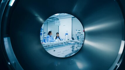 Camera movement and effects: 360-degree video video. Lighting: key light. Establishing scene: camera fly around a scientist conducting an experiment in a laboratory - Powered by Adobe