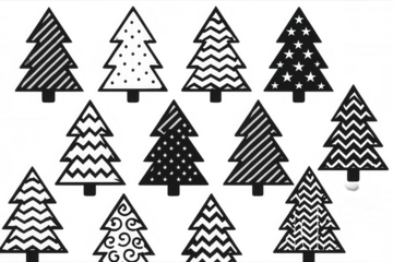 Collection of christmas trees designing simple graphic patterns like polka dots, stripes, zigzags, and stars for holiday decor