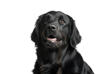 Close-up portrait of a captivating black dog, showcasing its expressive face and rich coat against a pure black backdrop.