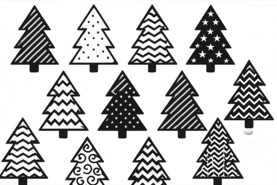 Collection of christmas trees designing simple graphic patterns like polka dots, stripes, zigzags, and stars for holiday decor