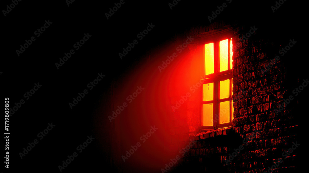 Poster glowing window emits warm orange light against dark background, creating mysterious and inviting atm