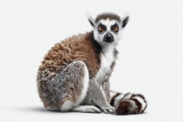 Naklejka premium Lemur Sitting on White Background with Alert Expression and Striped Tail