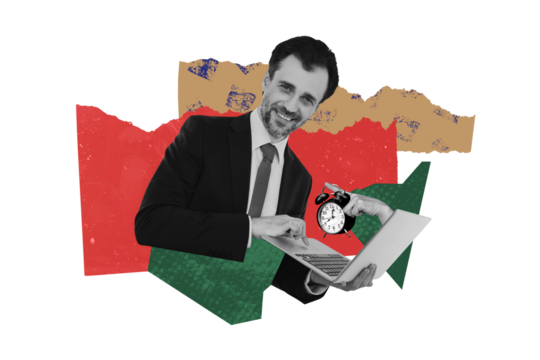 Composite creative art collage of happy businessman freelancer hold laptop hand point alarm clock deadline isolated on painted background - Powered by Adobe