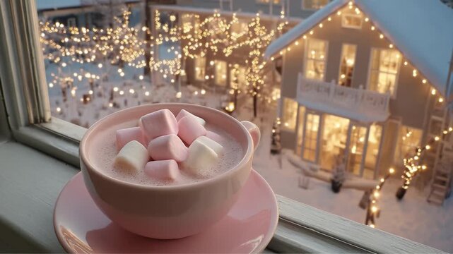 Cozy Winter Scene Featuring a Delicate Pink Mug of Hot Chocolate Topped with Fluffy Marshmallows Against a Background of Glowing Holiday Lights and Snowy Ambiance
