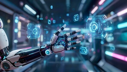 The robot's arm is surrounded by blue halos