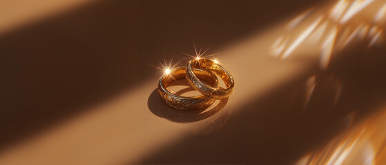 Obraz premium Elegant gold wedding rings resting on a warm surface, glimmering in soft light with shadows creating a romantic atmosphere